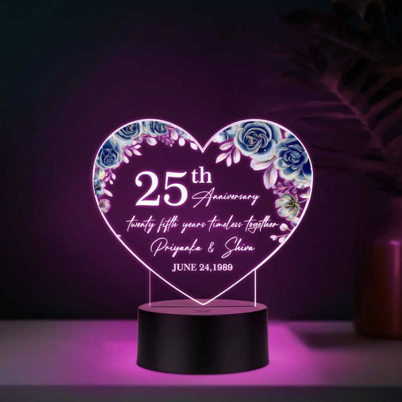 Personalized 25th Anniversary Acrylic LED Lamp with UV Print – Multicolor Silver Jubilee Gift with Custom Names & Date